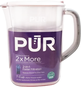 PUR 7-Cup water filtration pitcher in blush color with LockFit cap design and genuine filter for cleaner, great-tasting drinking water.