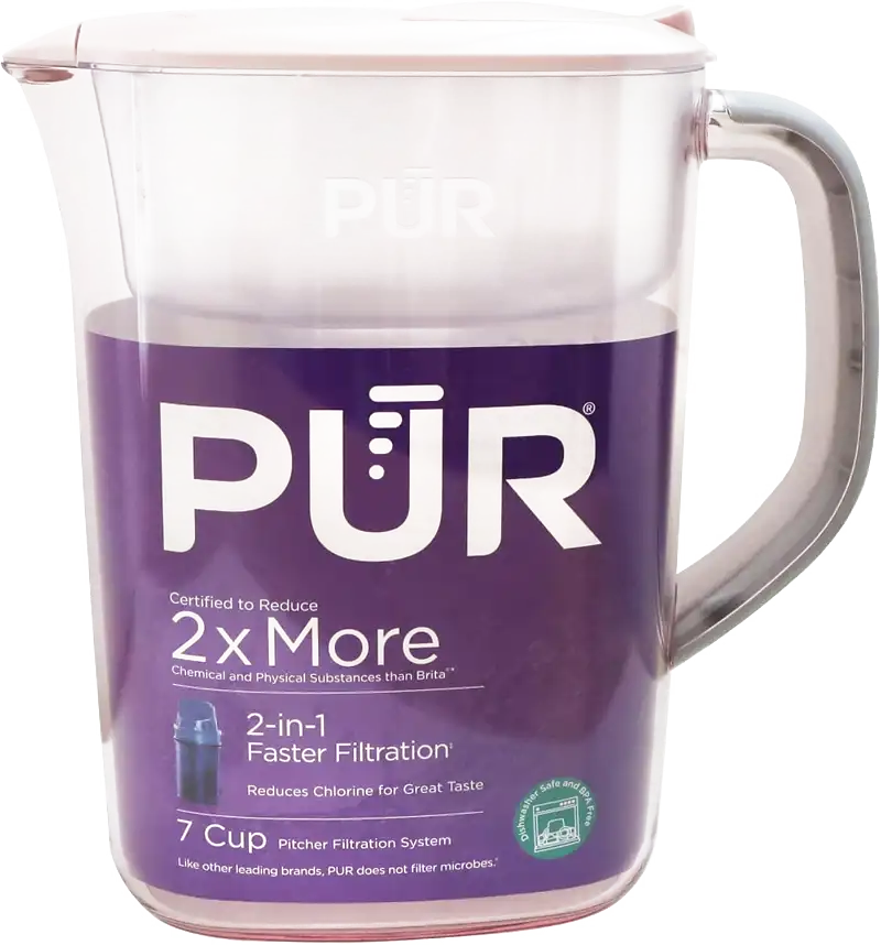 PUR 7-Cup water filtration pitcher in blush color with LockFit cap design and genuine filter for cleaner, great-tasting drinking water.