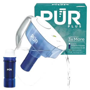 PUR Plus 11-Cup water pitcher with lead-reducing filter, filter change light indicator, and powerful water filtration technology.