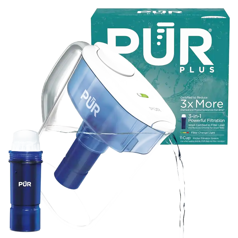 PUR Plus 11-Cup water pitcher with lead-reducing filter, filter change light indicator, and powerful water filtration technology.