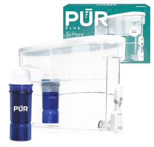 PUR PLUS 30-Cup water filter dispenser with lead-reducing filter, slim space-saving design, and large-capacity water filtration.