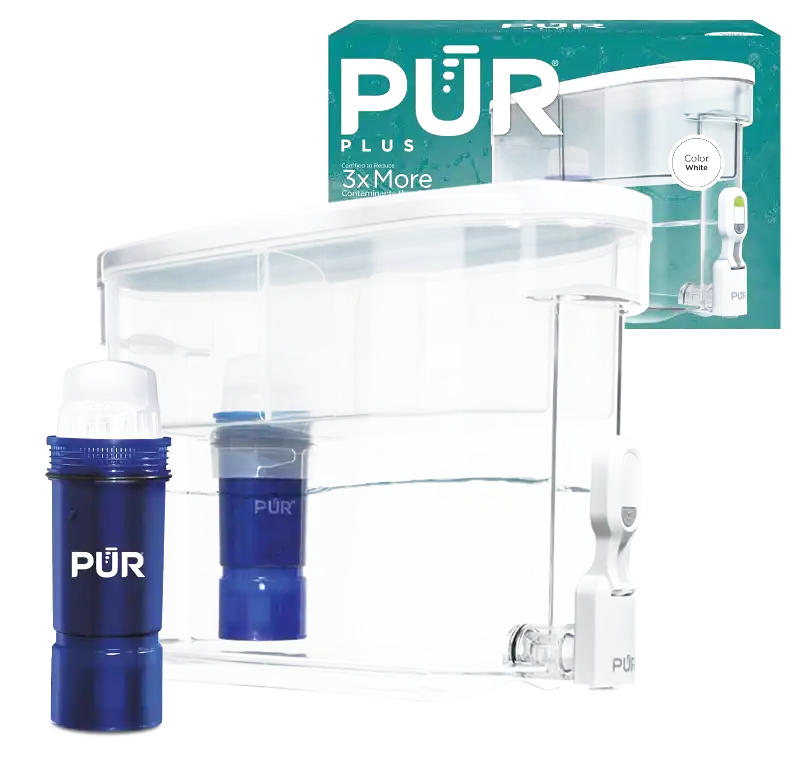 PUR PLUS 30-Cup water filter dispenser with lead-reducing filter, slim space-saving design, and large-capacity water filtration.