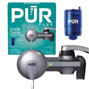 PUR Plus horizontal faucet mount water filter for sinks with a 3-in-1 lead reducing filter for cleaner, better-tasting tap water.PUR Plus horizontal faucet mount water filter for sinks with a 3-in-1 lead reducing filter for cleaner, better-tasting tap water.