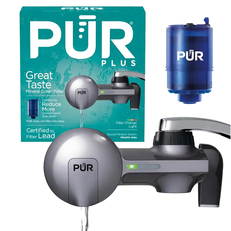 PUR Plus horizontal faucet mount water filter for sinks with a 3-in-1 lead reducing filter for cleaner, better-tasting tap water.PUR Plus horizontal faucet mount water filter for sinks with a 3-in-1 lead reducing filter for cleaner, better-tasting tap water.