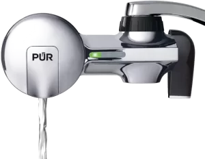 PUR PLUS horizontal faucet mount water filtration system with 3-in-1 lead reducing filter for cleaner, great-tasting tap water.