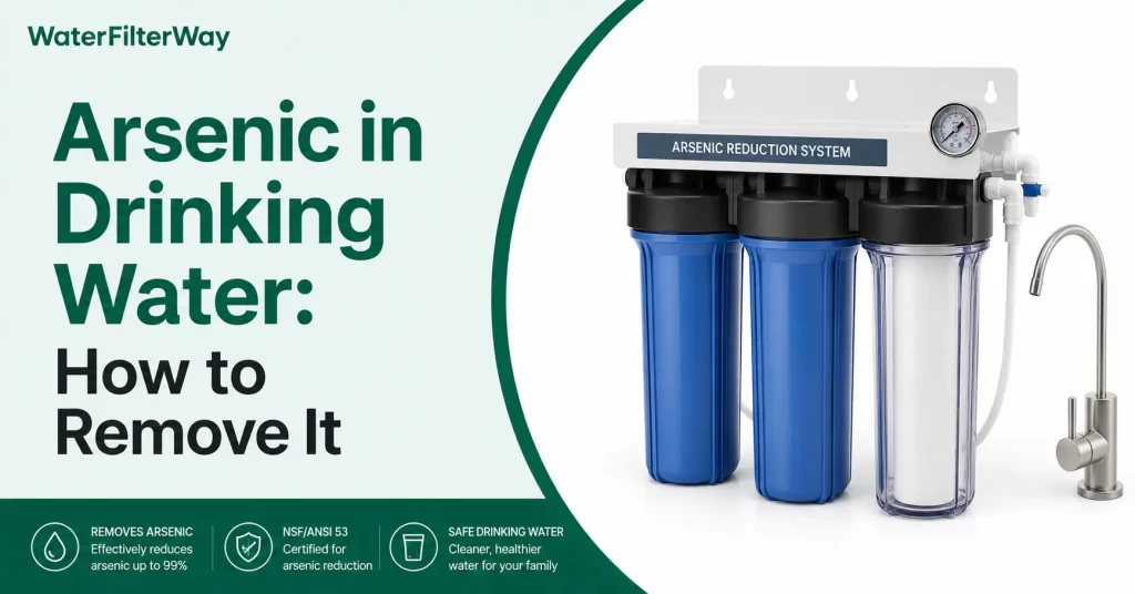 Whole-house water filtration system for arsenic removal from drinking water.
