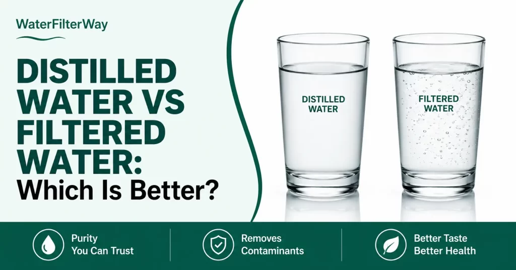 Comparison of distilled water and filtered water showing their differences in purity, minerals, taste, and everyday drinking benefits.