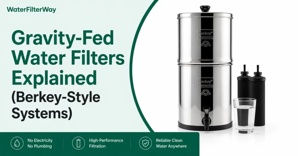 Gravity-fed stainless steel water filter with Berkey-style design.