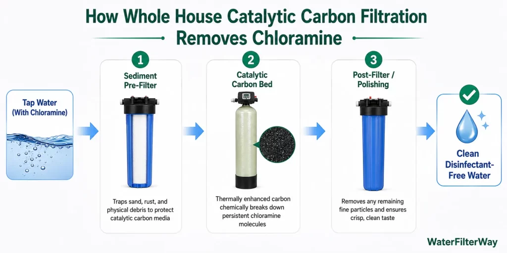 Catalytic carbon filtration diagram showing chloramine removal in a 3-stage whole house water filter system.