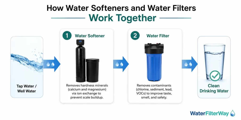 Infographic showing how a water softener and water filter work together to produce clean drinking water.