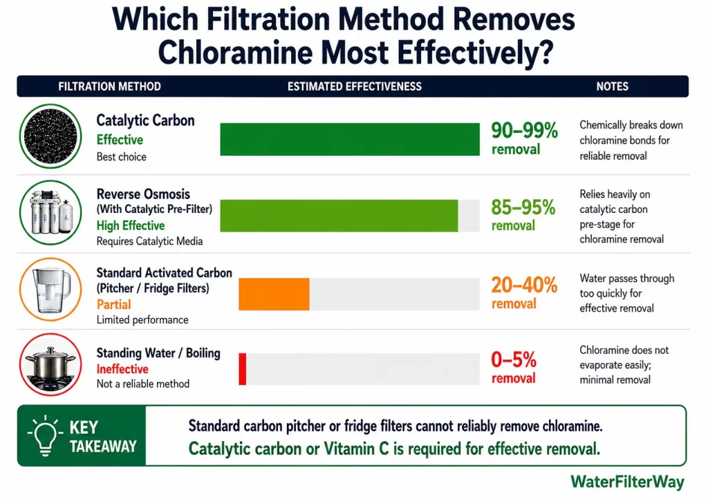 Bar chart comparing chloramine removal effectiveness of catalytic carbon, RO, carbon filters, and boiling.