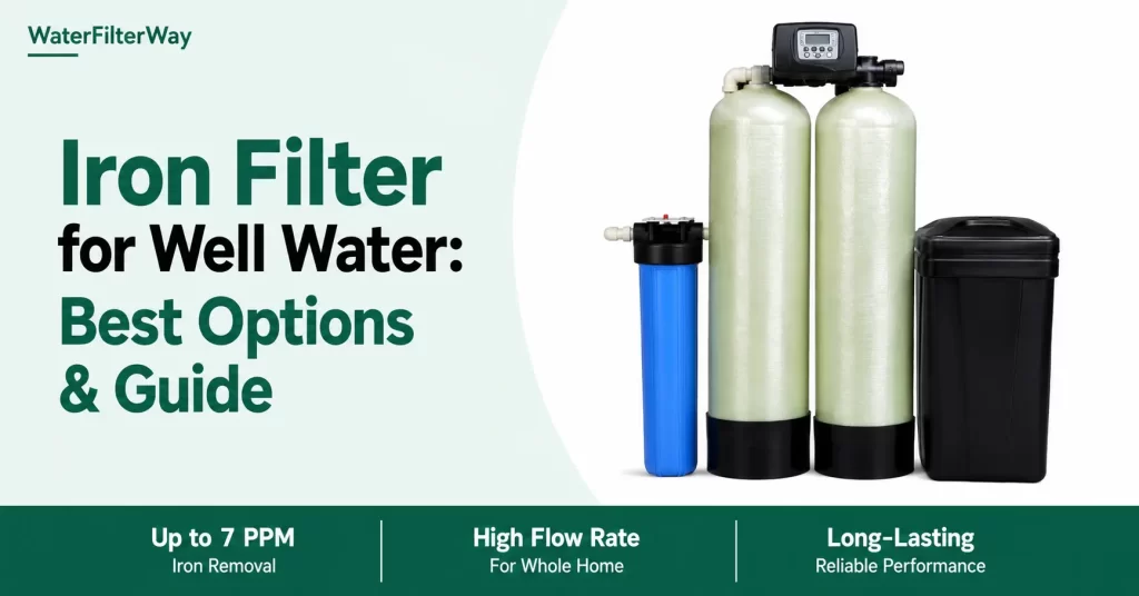 Iron filter system for well water with whole-house filtration tanks and guide title on a clean editorial banner.