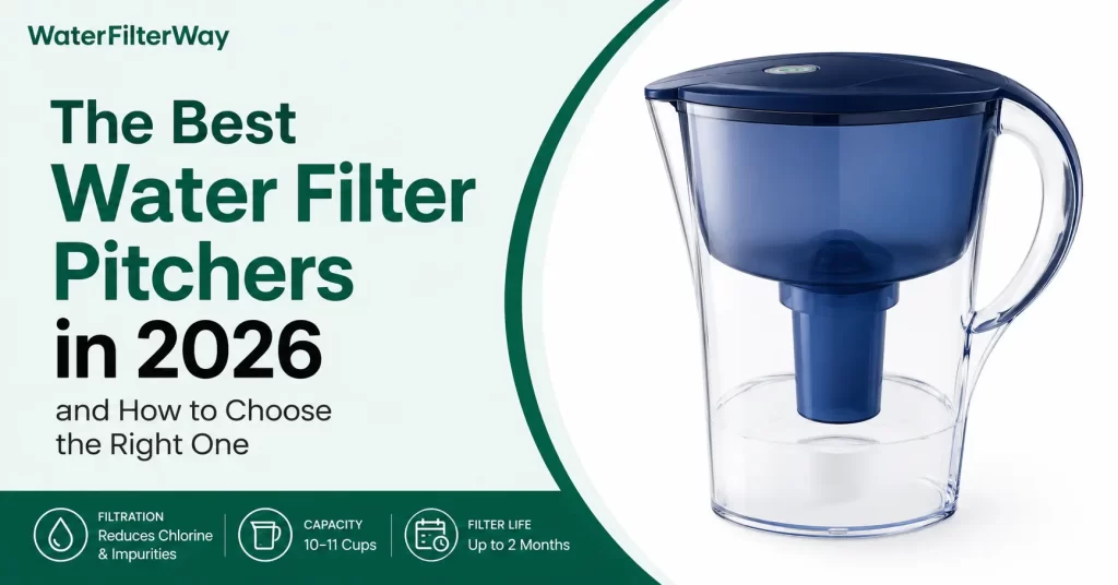 Modern water filter pitcher with headline for the best water filter pitchers in 2026 buying guide.