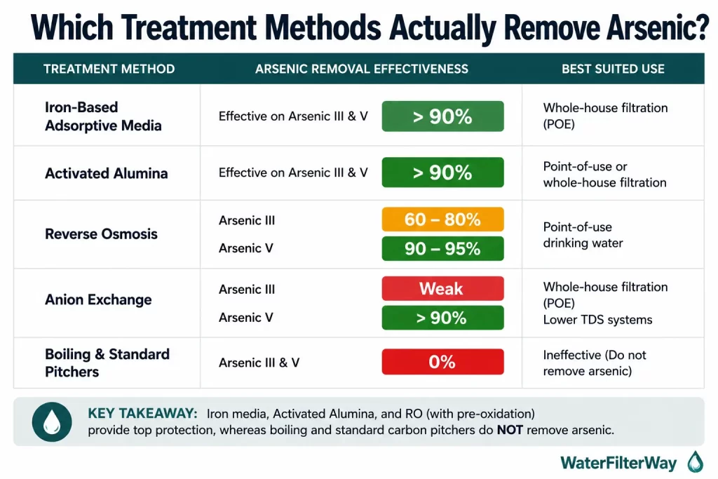 Comparison chart showing arsenic removal effectiveness across common water filtration methods and use cases.