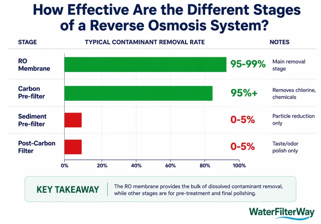 Bar chart comparing reverse osmosis filtration stages and contaminant removal rates, highlighting the RO membrane as the main stage.