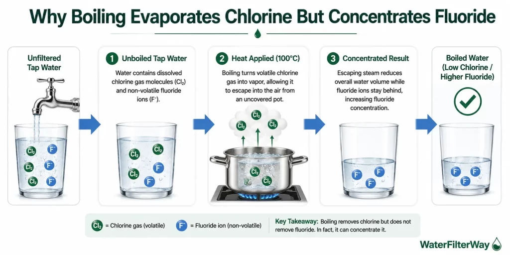Infographic showing how boiling removes chlorine while increasing fluoride concentration in drinking water.