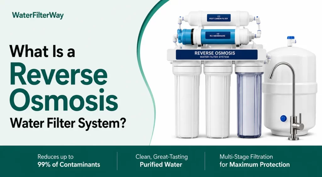 Reverse osmosis water filter system with storage tank and faucet illustrating multi-stage filtration for clean drinking water.