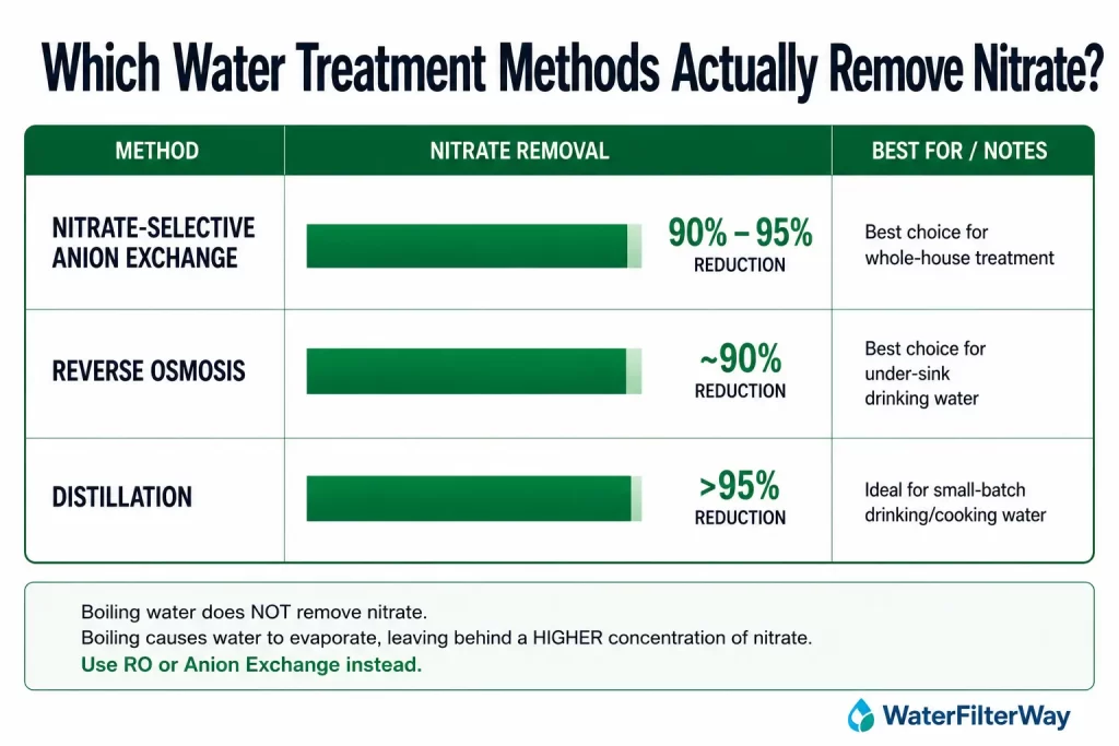 Comparison chart showing effective nitrate removal methods: anion exchange, reverse osmosis, and distillation.
