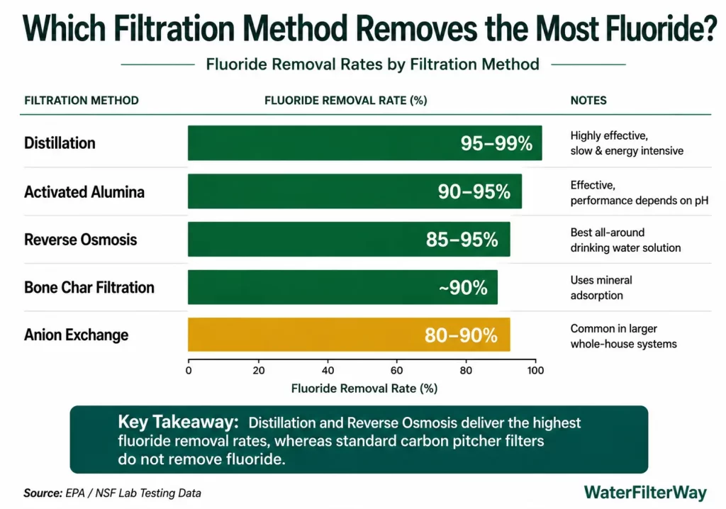 Bar chart comparing fluoride removal rates of distillation, reverse osmosis, and other filtration methods.