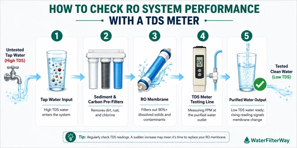 How to check RO system performance with a TDS meter before and after reverse osmosis filtration