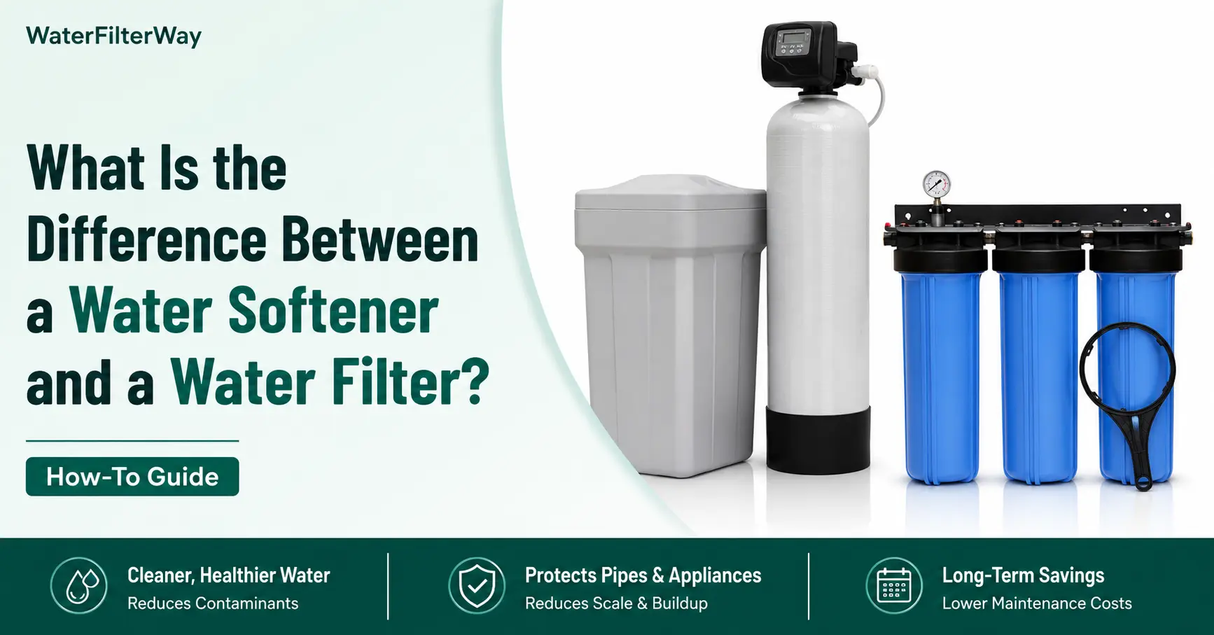Comparison of a water softener and a water filter system showing the key differences between softening hard water and removing contaminants for cleaner drinking water.
